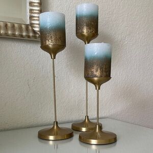 Gold Metal Candle Holders with Blue Ombre Pillar Candles